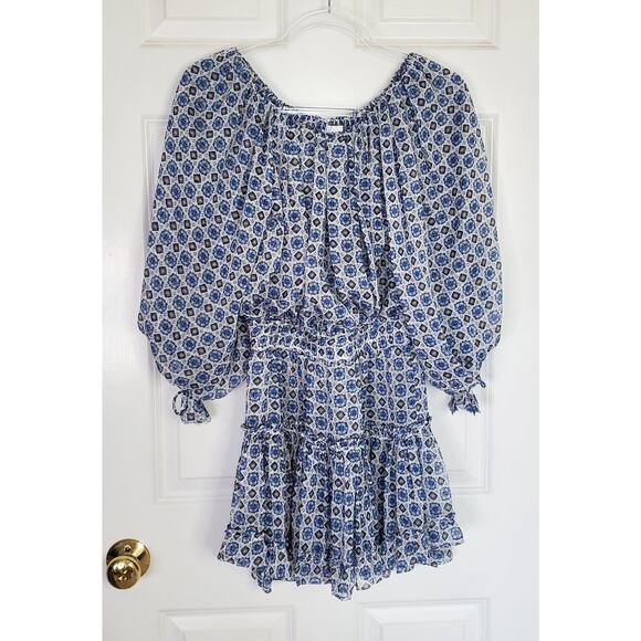 Misa LA Zonia Blue/White Geometric Off-Shoulder Chiffon Mini Dress XS - Picture 1 of 14